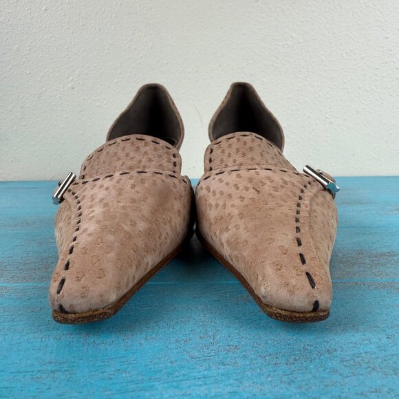PRADA Tan Ostrich Suede Stitched Pointed Toe Kitten Heels Size 37.5 US 7.5 - Picture 4 of 12